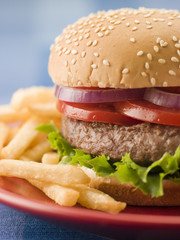 Beef Burger in a Sesame Seed Bun with Fries
