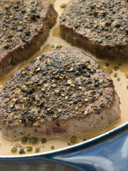Filet Mignon au Poirve in a saute pan