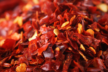 Hot Red Chilli Chillies pepper crushed, Background Shallow DOF