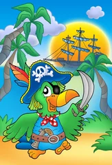 Abwaschbare Fototapete Piraten Piratenpapagei mit Boot