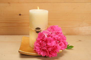 Fototapeta na wymiar Pale Feng Shui candle and rose