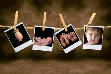 Newborn Infant and Pregnancy Shots Hanging on a Rope With Clothe