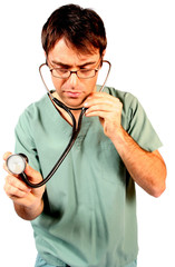 doctor holding stethoscope and measuring heart rate