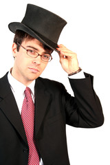 business man lifting his top hat in salutation and welcome