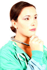 young female woman doctor thinking problem medical