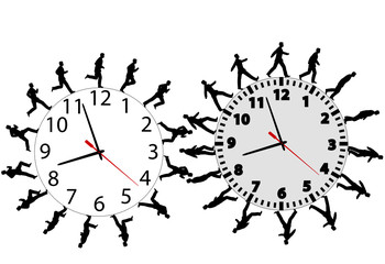 Business men in a hurry run & walk on time clocks