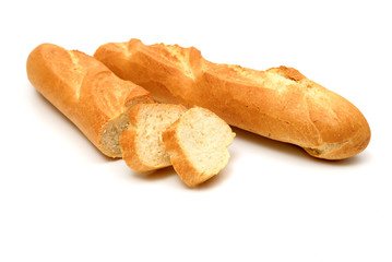 Fresh baguette, sliced, isolated on white background