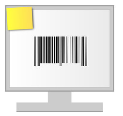 computer monitor with barcode and sticky note