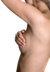 young woman exam breast, studio on white