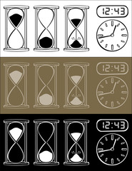 Hourglass and clock isolated on different background