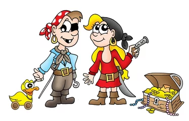 Washable wall murals Pirates Pirate kids with duck and treasure