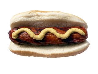 grilled turkey sausage on hotdog bun w/ mustard 2 isolated