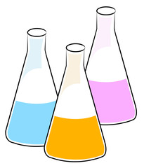 three flasks with different chemical solutions