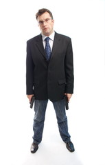 criminal businessman with two guns on white background