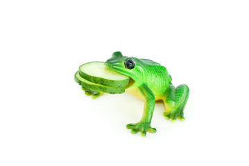 Toy frog with two cucumber slices in mouth