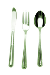 Knife, fork and spoon isolated on white
