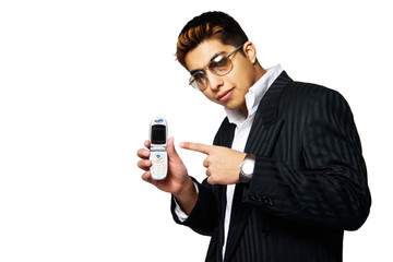 Man in Suit Holding Mobile Phone wearing sunglasses