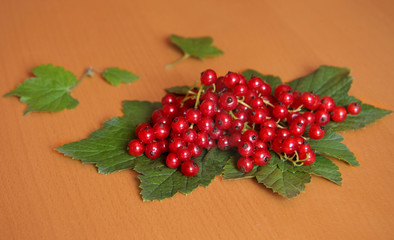Redcurrant on leaves and wooden background