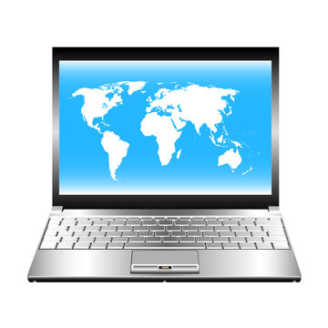 Vector image of laptop with world map on screen.