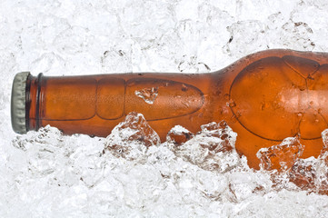 Close-up of bottle of beer in crushed ice