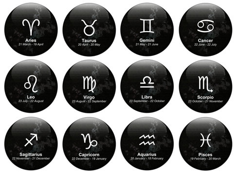 Buttons with signs of the zodiac with starry sky background