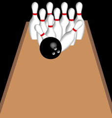 bowling ball knocking down pins in lane