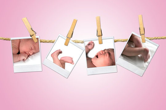 Newborn Infant Shots Hanging on a Rope With Clothespins