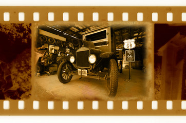 old 35mm frame photo with vintage car in history road 66