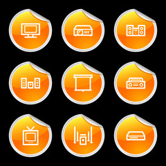Audio and video icons, orange circle sticker series