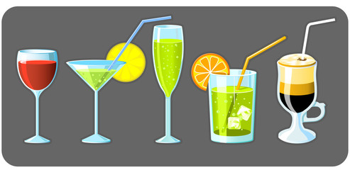 Set of five different glasses with drinks