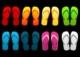 Beach sandals set. Different colorful flip-flops over black