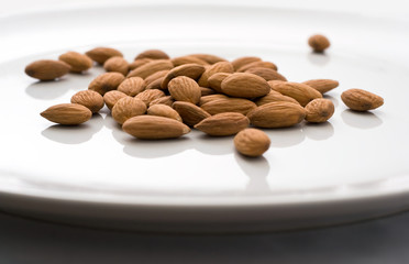 Shelled Almonds on Shiny White Plate