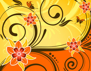 Flower background with butterfly and wave pattern, vector
