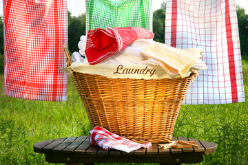 Laundry basket on rustic table