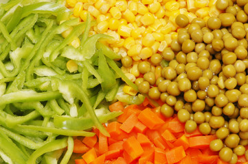 Close up of salad with corn, carrots, peppers and peas