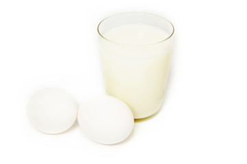 Glass of milk and eggs on white