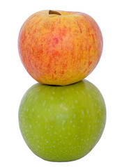 Red Gala apple sitting on green Granny Smith apple