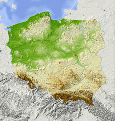 Poland, relief map, colored according to elevation