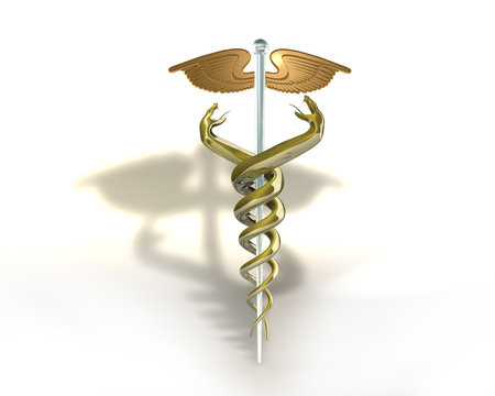 3d illustration of gold/glass caduceus on white background