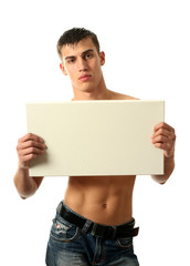 Sexy Man Showing a Copy Space Blank Billboard