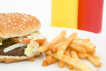 american hamburger with french fries