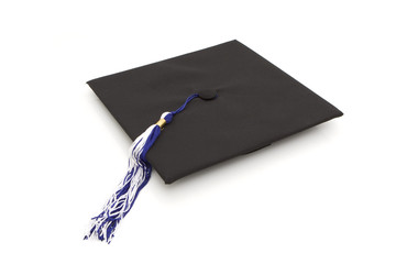 Graduation cap with blue and white tassel