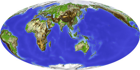 Globe, shaded relief, centered on Asia
