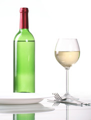 Bottle and glass of  wine  on white background