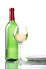 Bottle and glass of  wine  on white background