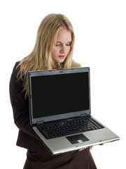 blonde businesswoman with laptop computer
