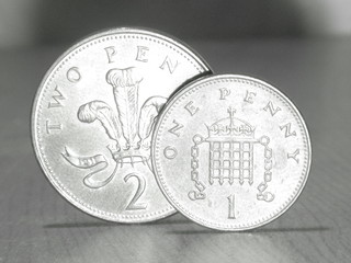 1 and 2 pence coin in monochrome