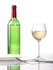 Bottle and glass of  wine  on white background