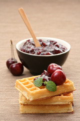 waffles and fresh cherry jam