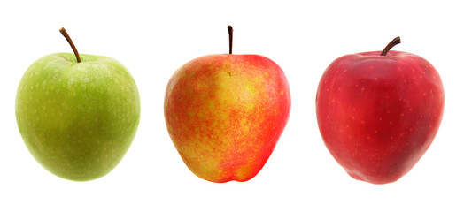 Apples isolated on white background.  Red, green, yellow red.